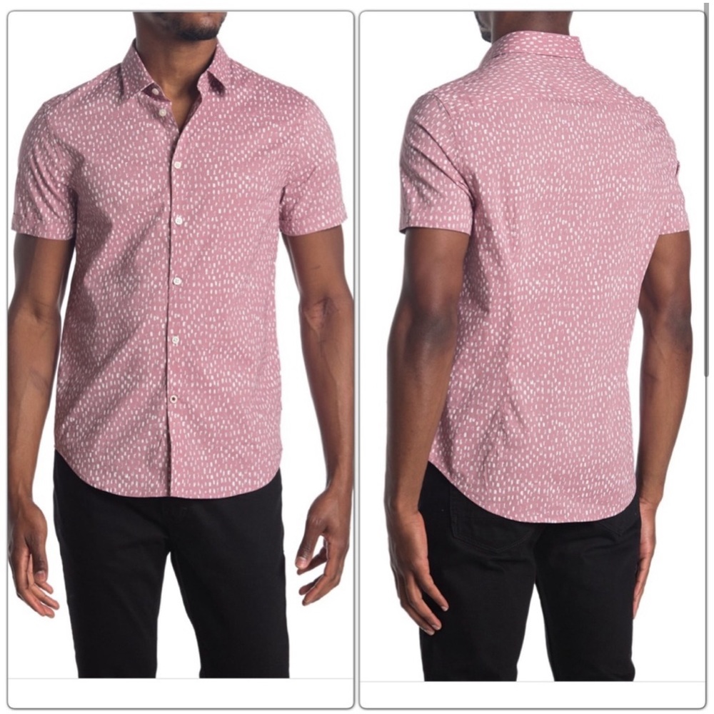 John Varvatos Star USA All Over Print Short Sleeve Button Up Shirt Pink White L